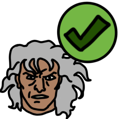 Magneto from X-Men, depicted as an older man with light brown skin and wavy grey hair, frowning. above and to the right is a green circle with a dark green checkmark in it